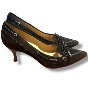 TOD'S 10.5‎ vintage brown suede pointed toe kitten heels pump tie bow 90s Y2K